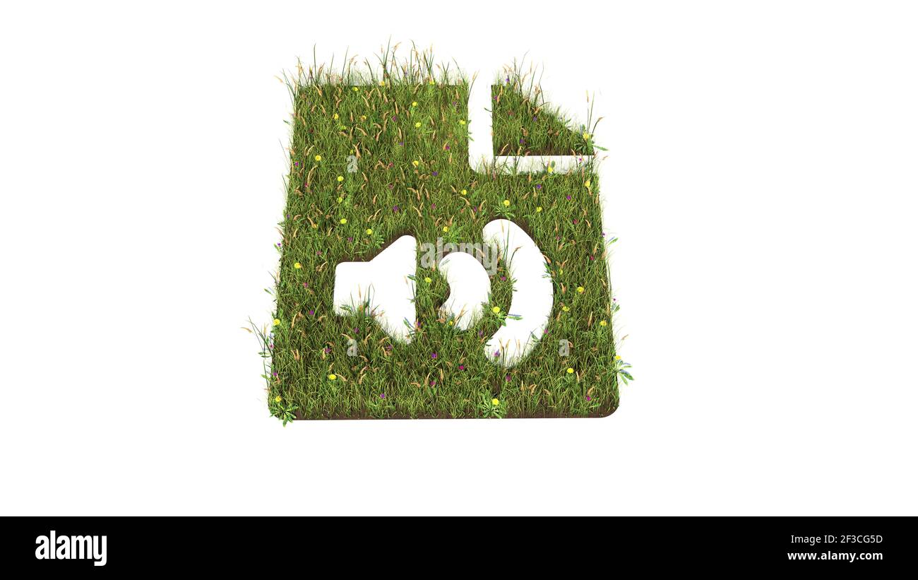 campo d'erba in 3d con fiori colorati a forma di simbolo di carta con angolo piegato e simbolo del suono con terra isolata su sfondo bianco Foto Stock