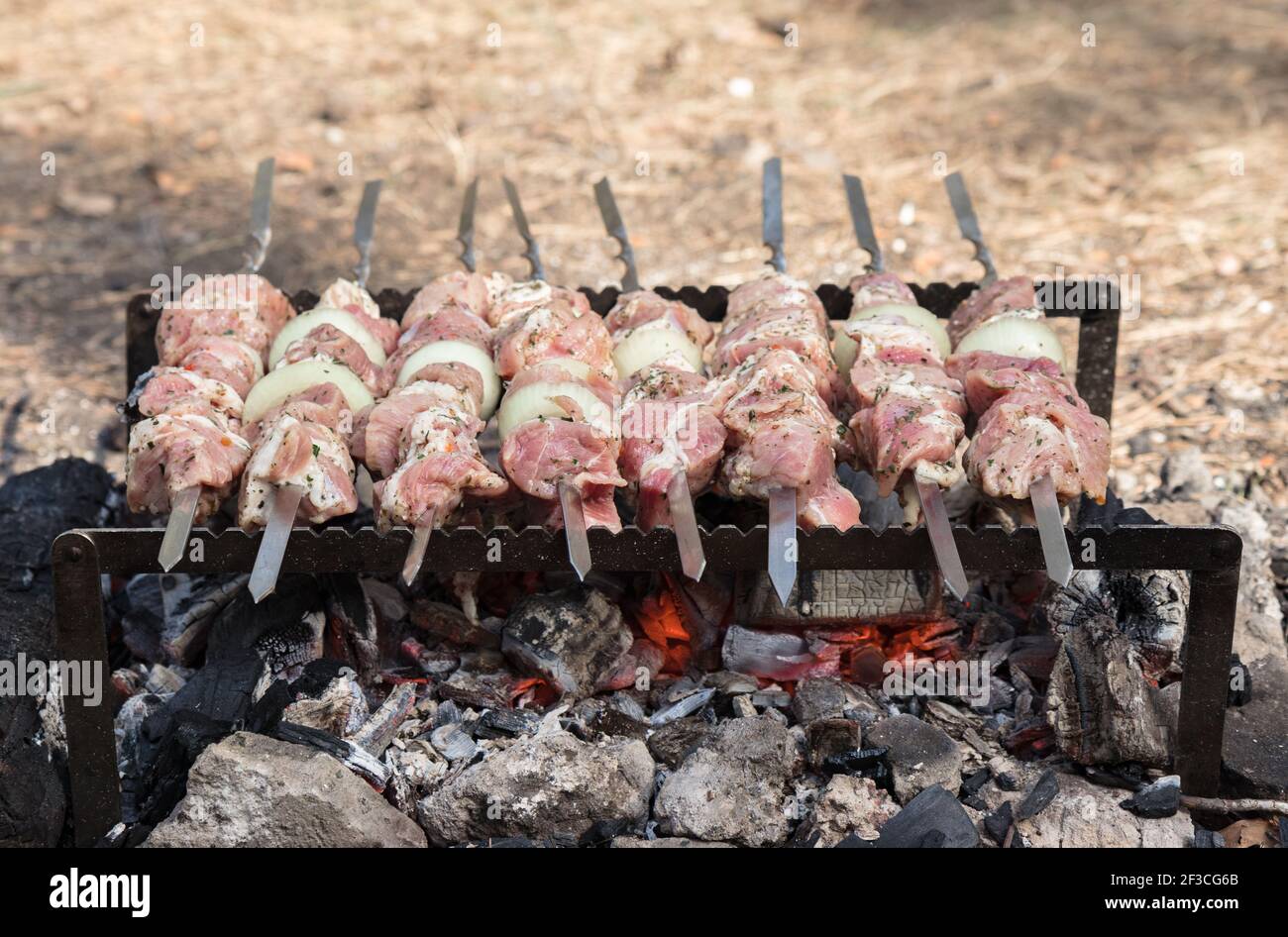 Grigliare carne cruda sulla griglia all'aperto. Cucina barbecue di carne su griglia al carbone al picnic. Grigliatura del kebab. Foto Stock