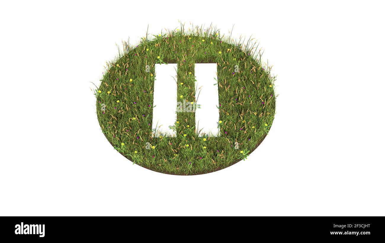 campo d'erba in 3d con fiori colorati a forma di simbolo di pausa sottile invertita in cerchio con il terreno isolato su sfondo bianco Foto Stock