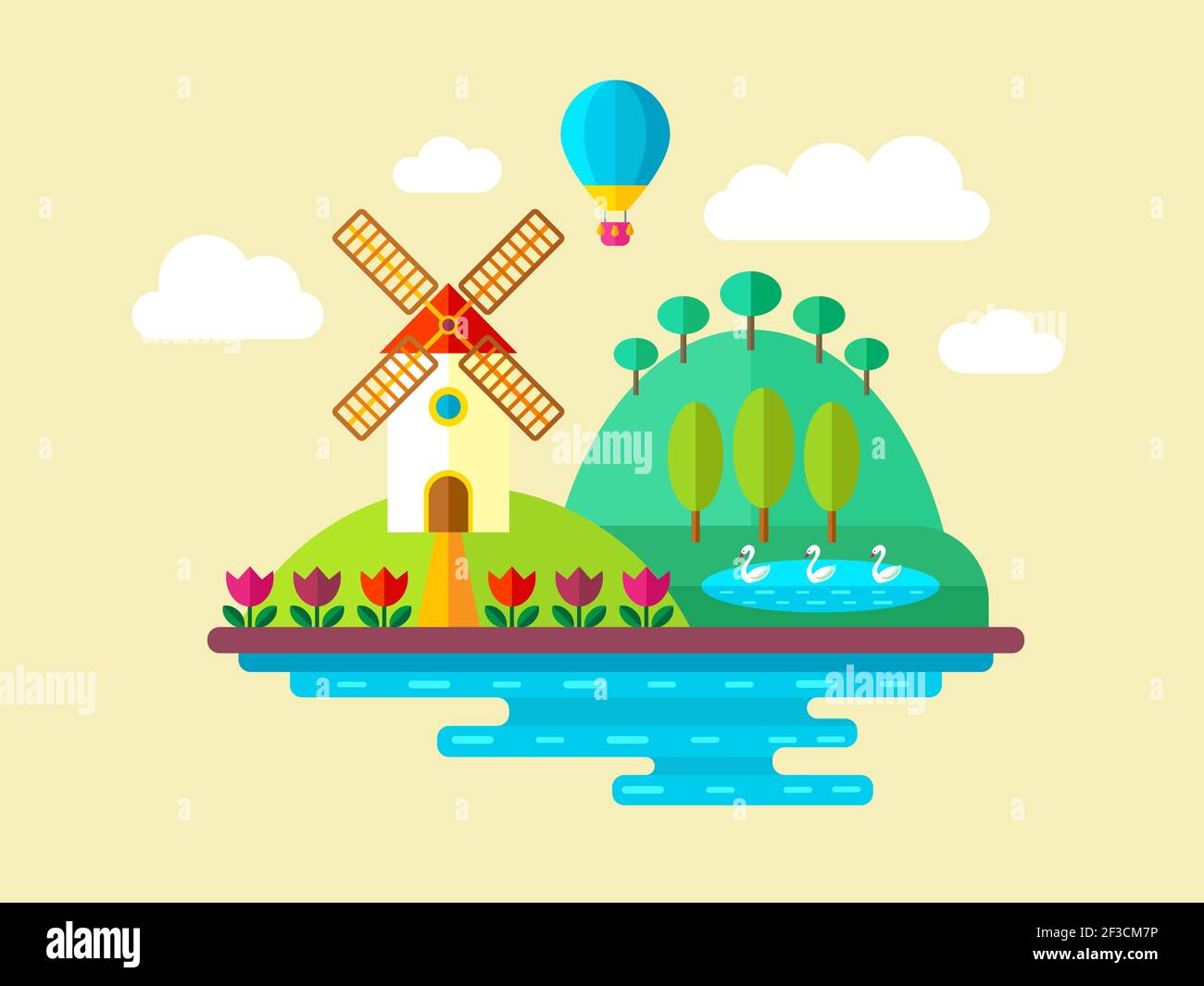 Vettore piano paesaggio con mulino a vento lago e palloncino Illustrazione Vettoriale