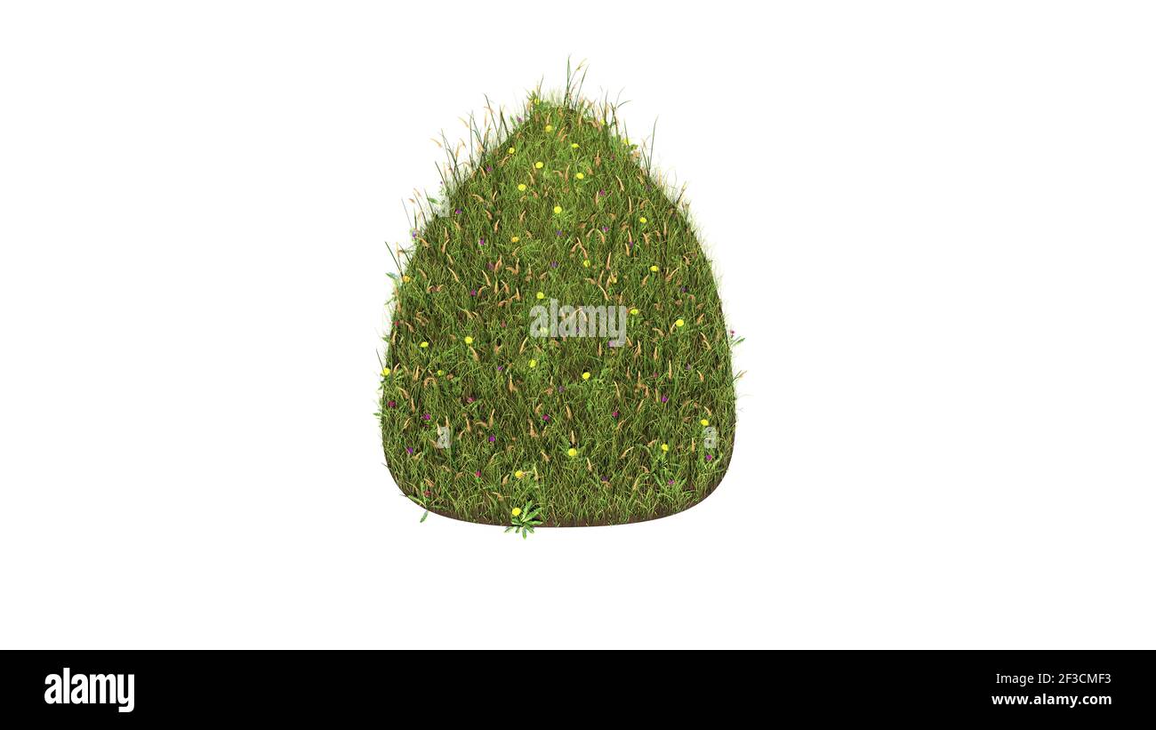 campo d'erba in 3d con fiori colorati a forma di simbolo della noce di mandorla con la terra isolata su sfondo bianco Foto Stock