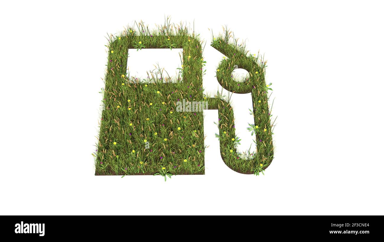 campo d'erba in 3d con fiori colorati a forma di simbolo della stazione di servizio per le auto con terreno isolato attivo sfondo bianco Foto Stock