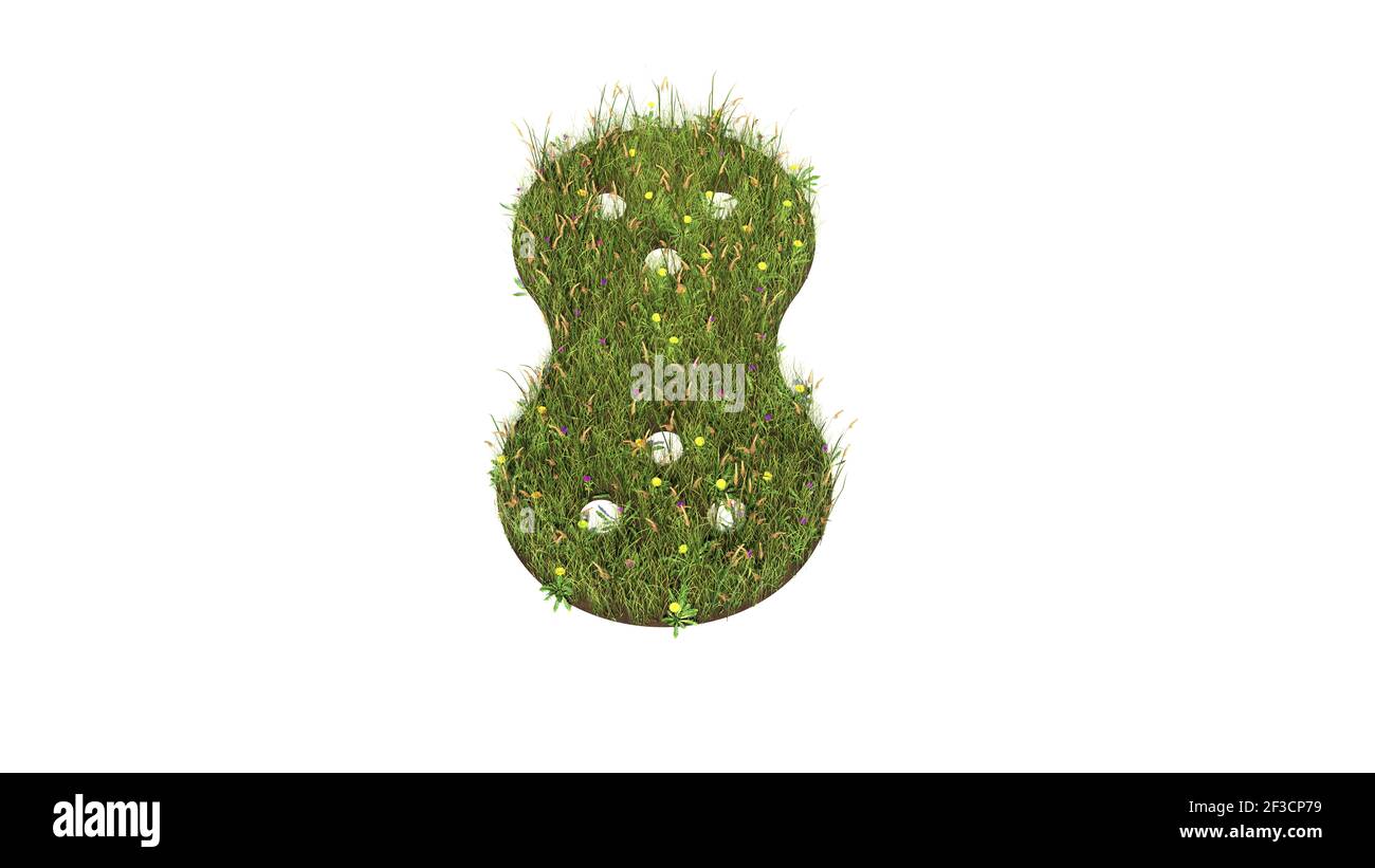 campo d'erba in 3d con fiori colorati a forma di simbolo della noce di arachide con la terra isolata su sfondo bianco Foto Stock