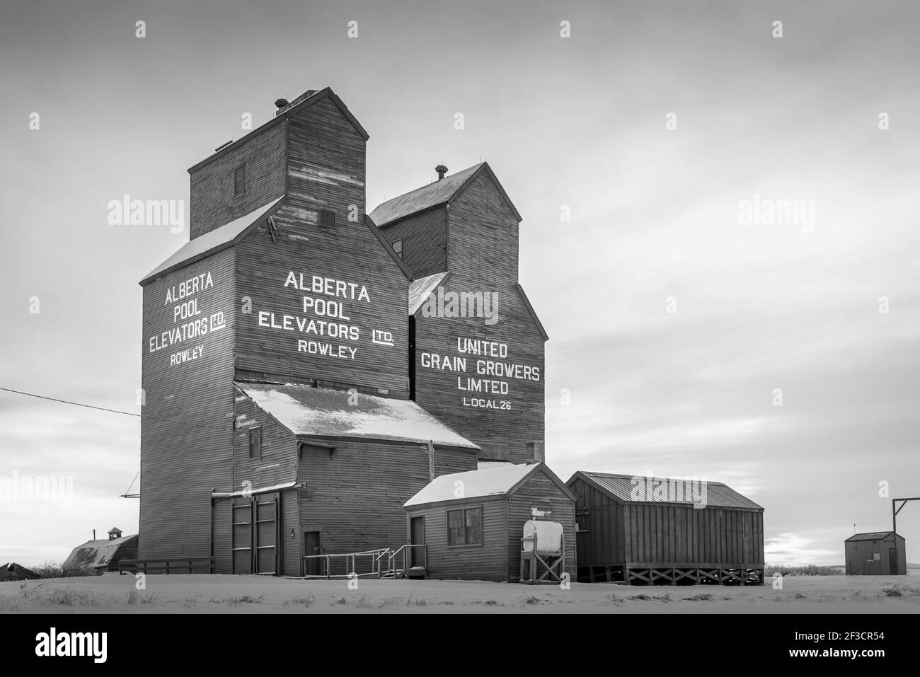 Rowley, Alberta - 31 gennaio 2021: Vecchio elevatore di grano abbandonato nella città fantasma di Rowley, Alberta. Foto Stock