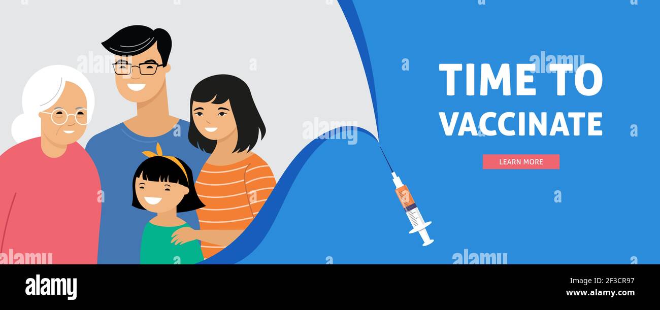 Concetto di vaccinazione della famiglia asiatica. Banner Time to vaccinate - siringa con vaccino per COVID-19, influenza o influenza e una famiglia Illustrazione Vettoriale