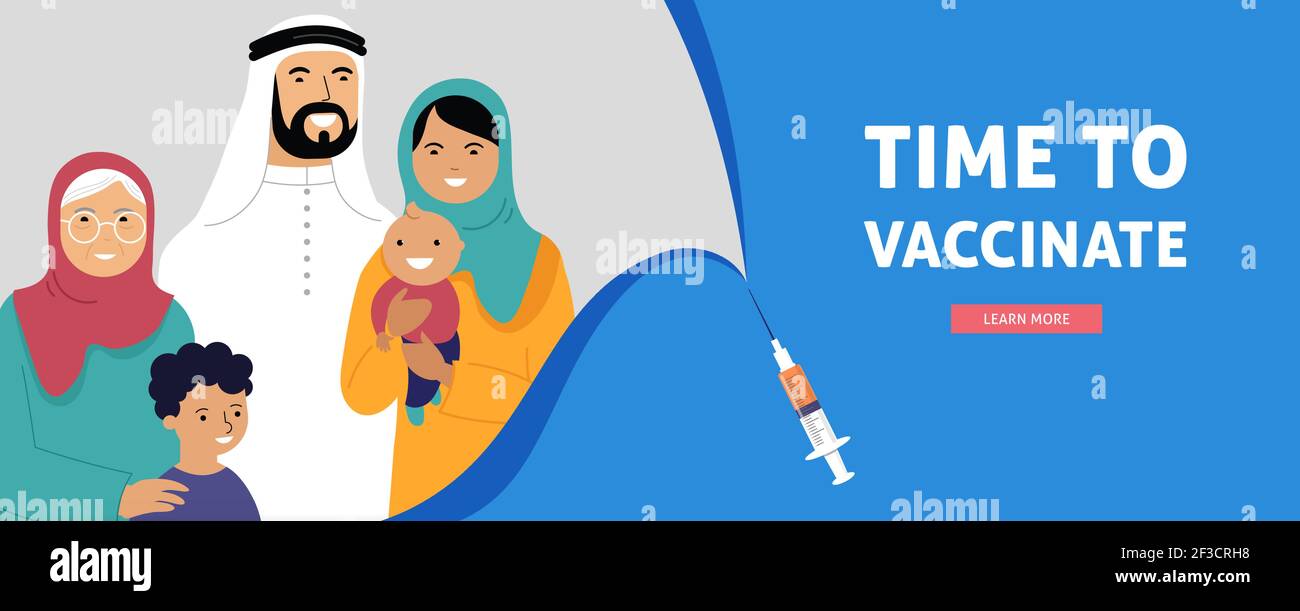 Progetto di concetto di vaccinazione della famiglia musulmana. Banner Time to vaccinate - siringa con vaccino per COVID-19, influenza o influenza e una famiglia Illustrazione Vettoriale