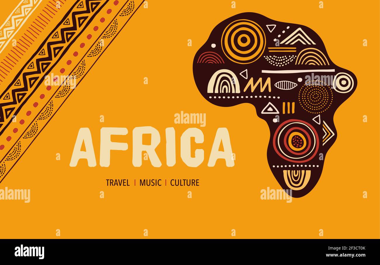 Africa mappa modellata. Banner con pattern tribale tradizionale grunge, elementi, concept design Illustrazione Vettoriale