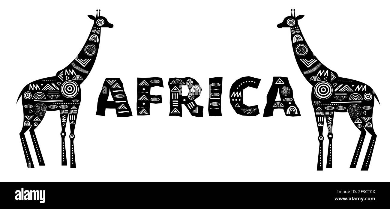 Banner Africa con giraffe a motivi geometrici, banner tribale bianco e nero Illustrazione Vettoriale