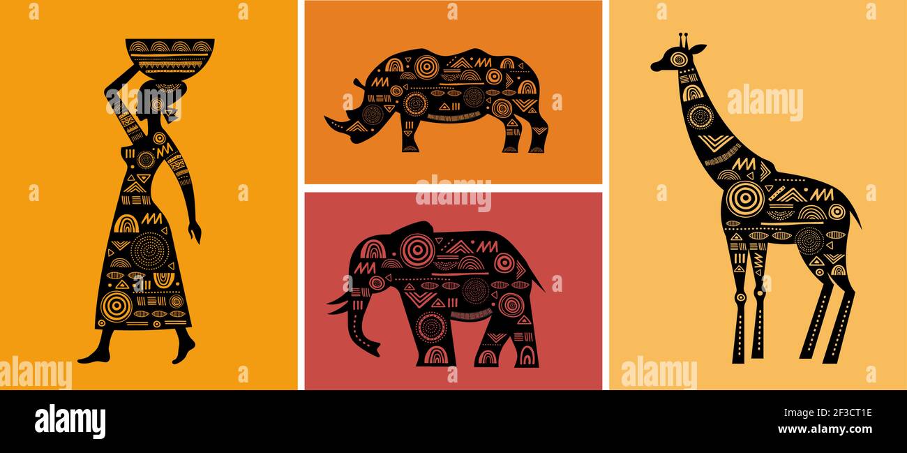 Banner Africa con elementi - giraffe modellate, elefante, mappa africana, corno di rhino e donna, bandiera tribale nera e bianca Illustrazione Vettoriale