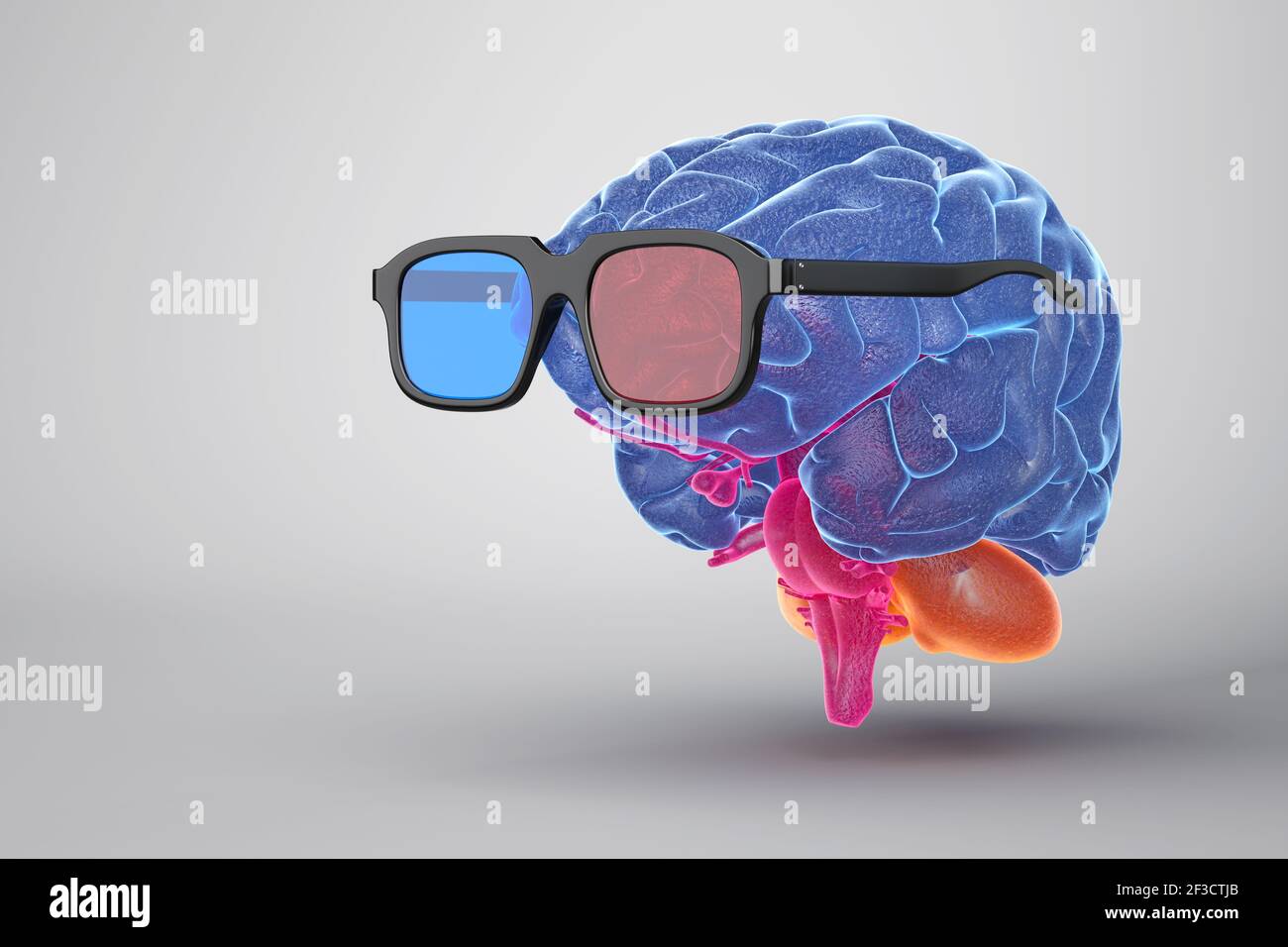 Cervello umano con occhiali 3D, illustrazione in vista laterale. Illustrazione 3D Foto Stock