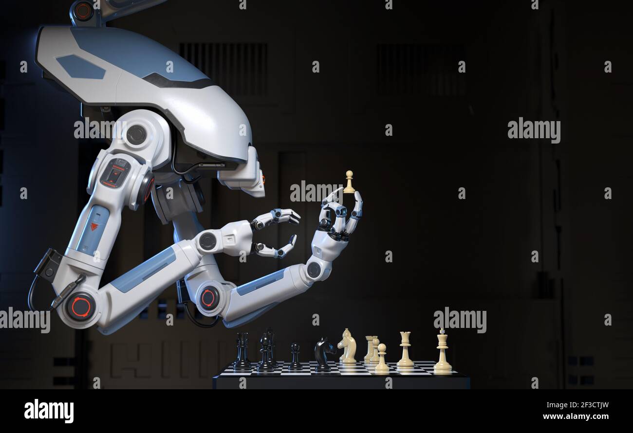 Robot industriale sci-Fi che gioca un gioco di scacchi con se stesso. Illustrazione 3D Foto Stock