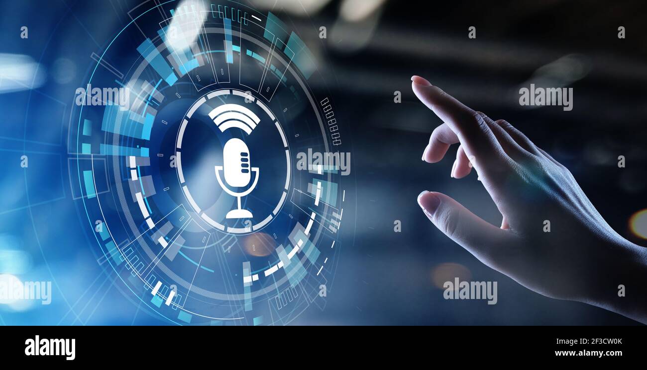 Il riconoscimento vocale di ricerca e controllo il simbolo del microfono su schermo virtuale Foto Stock