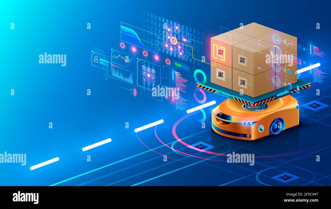 Tecnologia intelligente per il warehouse. Il robot automatizzato consegna una scatola per gli ordini in un magazzino automatizzato intelligente. Drone sciame di robot nel settore logistico. Percorsi di intelligenza artificiale Illustrazione Vettoriale