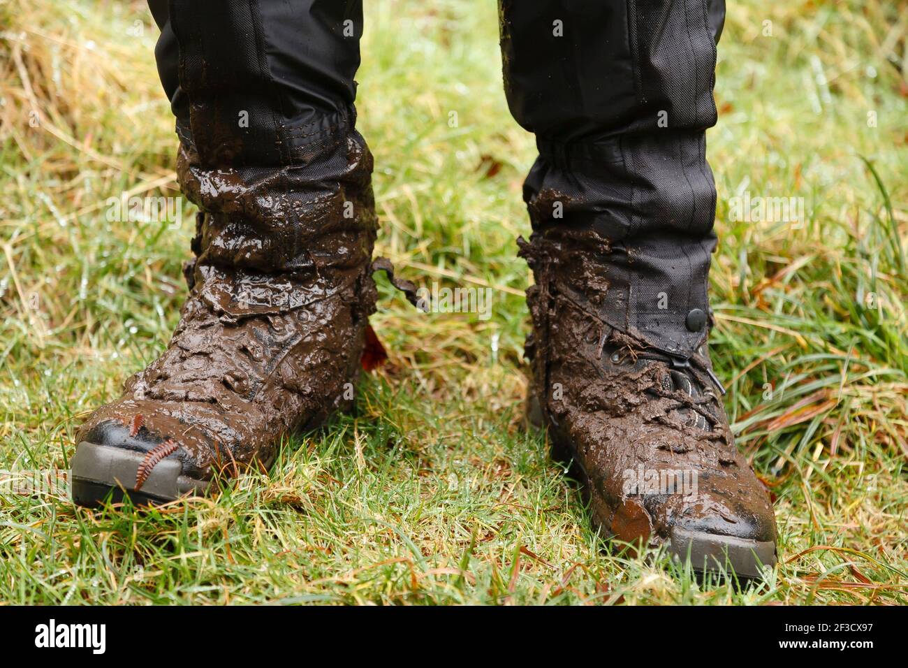 Primo piano di scarpe da passeggio. Uomo, escursionista maschile indossando  fangosi scarponi da trekking e ghette impermeabili in Galles, Regno Unito  Foto stock - Alamy