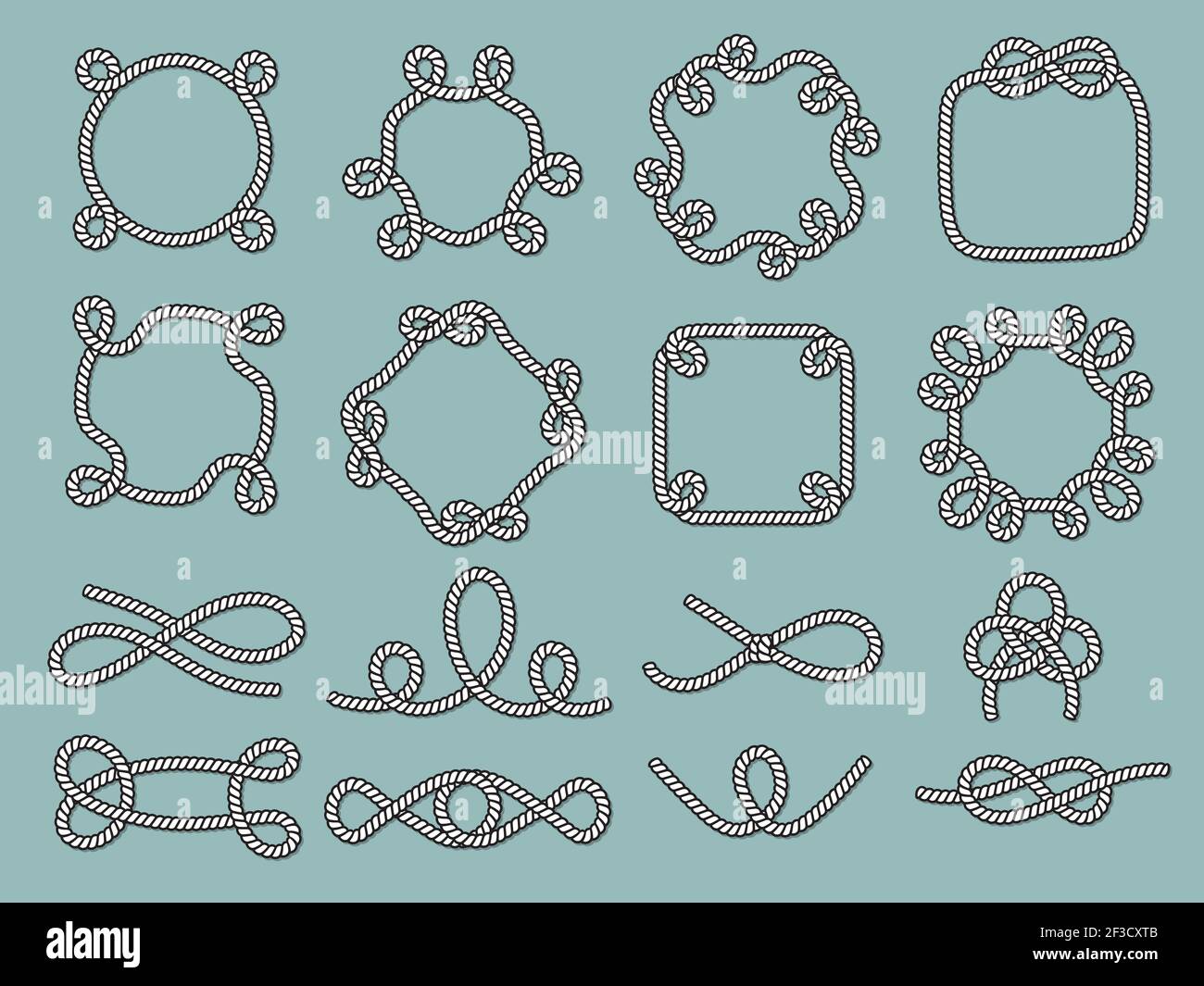 Cornici nautiche lasso. Corda nodo marino legato forme cerchiali decorative per etichette progetti vettoriali Illustrazione Vettoriale