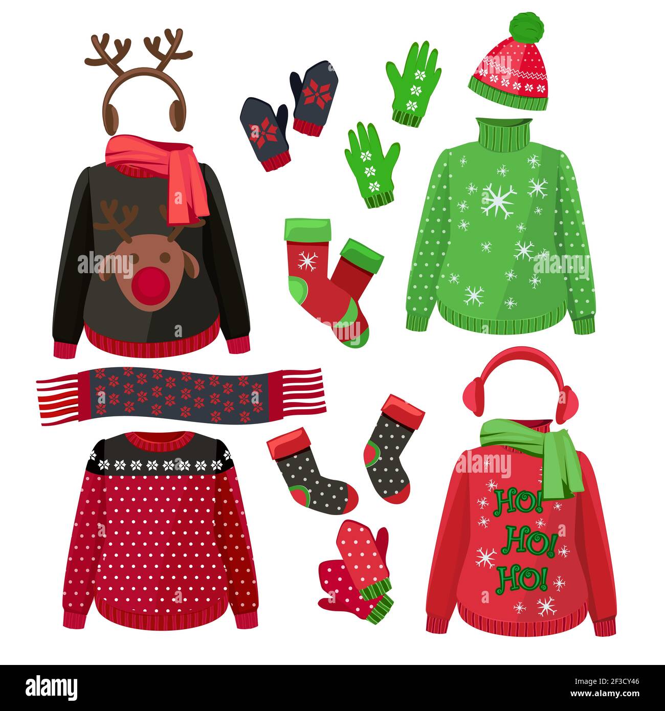 Abiti di Natale. Inverno brutto maglione cappelli guanti sciarpe pullover con decorazione tessile immagini vettoriali Illustrazione Vettoriale