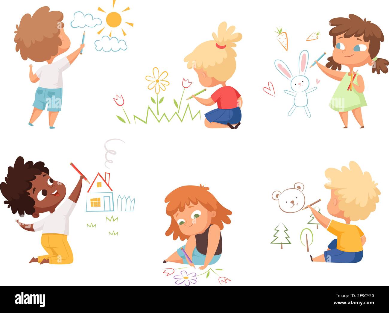 Disegno bambini. Bambini artisti educare divertente cute bambini ragazzi e ragazze che fanno diverse immagini vettoriali caratteri Illustrazione Vettoriale