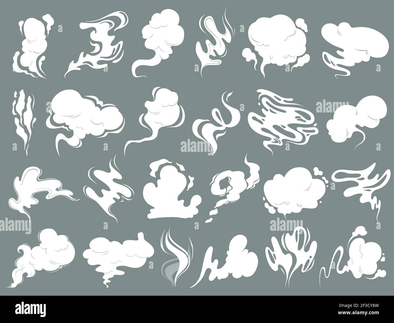 Annusare le nuvole. Fumo da vapore o odore tossico alimentare vettore forme cartone animato Illustrazione Vettoriale