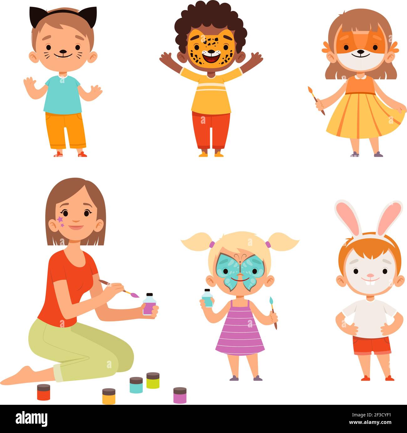 Pittura del viso. Bambini trucco divertente animali cartone animato ragazzi e ragazze insegnante disegno su caratteri vettoriali volto Illustrazione Vettoriale
