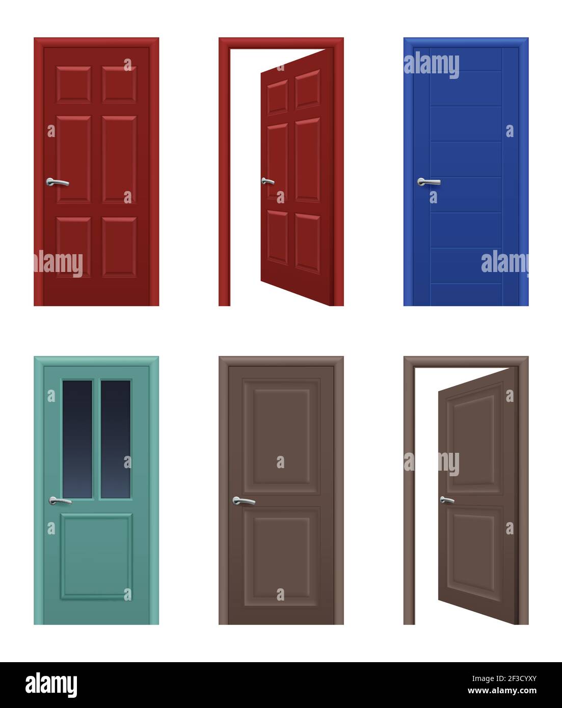 Porte realistiche. Aprire e chiudere le porte di ingresso degli appartamenti diversi colori vettoriali immagini Illustrazione Vettoriale