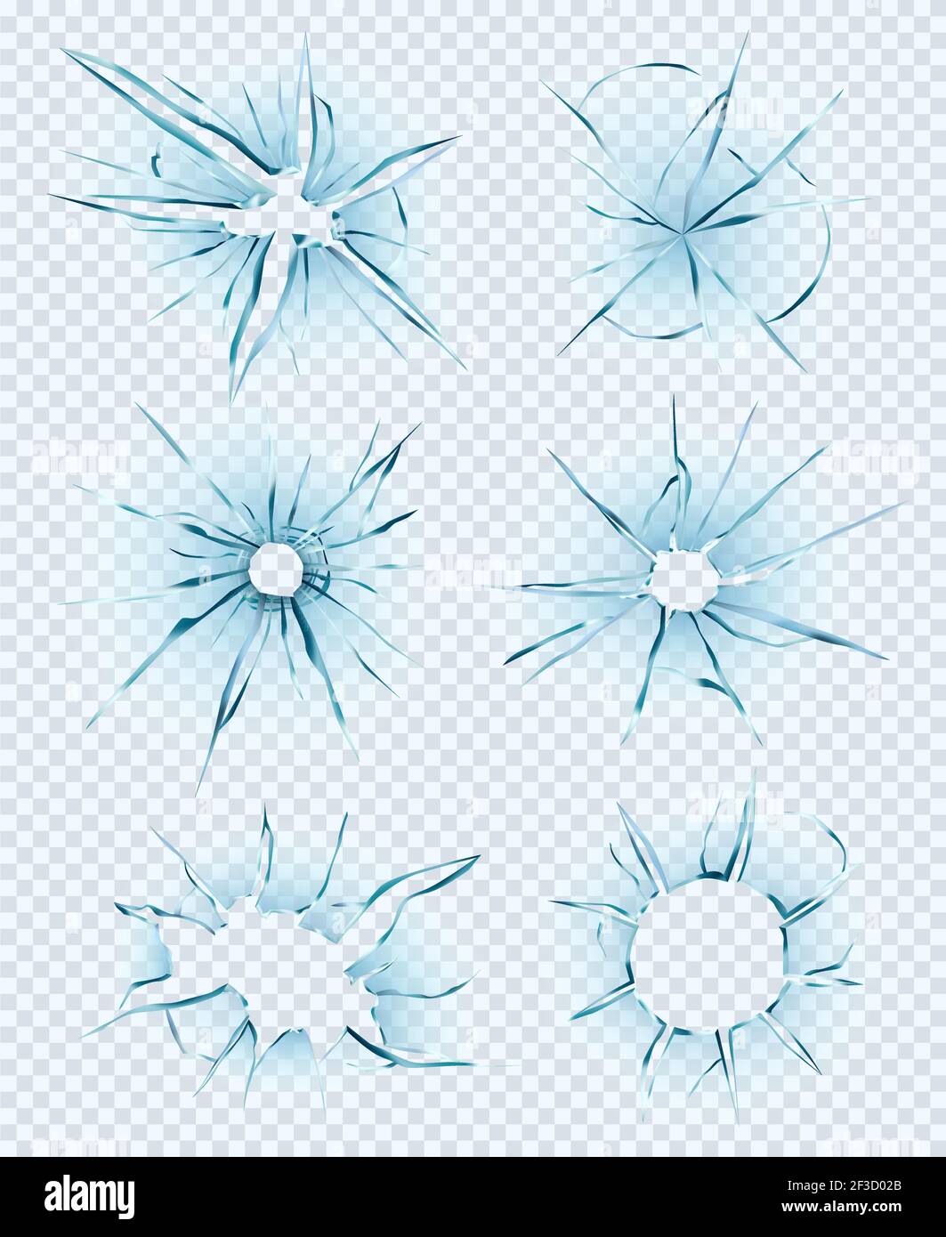 Vetro danneggiato. Rotto crash finestra buchi trasparenti vetri distruzione ghiaccio texture frantumato vettore immagine realistica isolato Illustrazione Vettoriale
