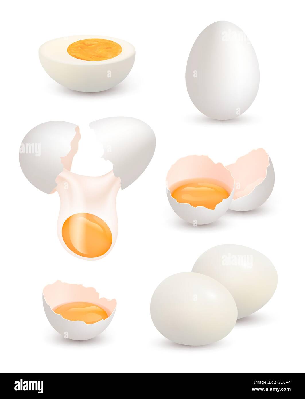 Uova di fattoria. Uova di pulcino realistico cibo organico giallo yolk proteina colazione omelette cracked shell vettore immagini Illustrazione Vettoriale