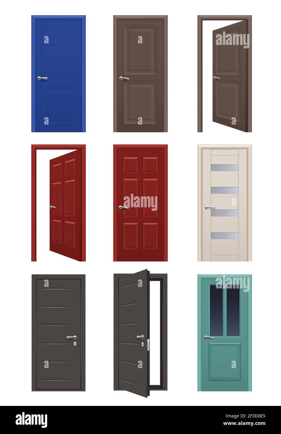 Porte realistiche. Ingresso camera porte aperte e chiuse interni casa appartamento illustrazioni vettoriali Illustrazione Vettoriale