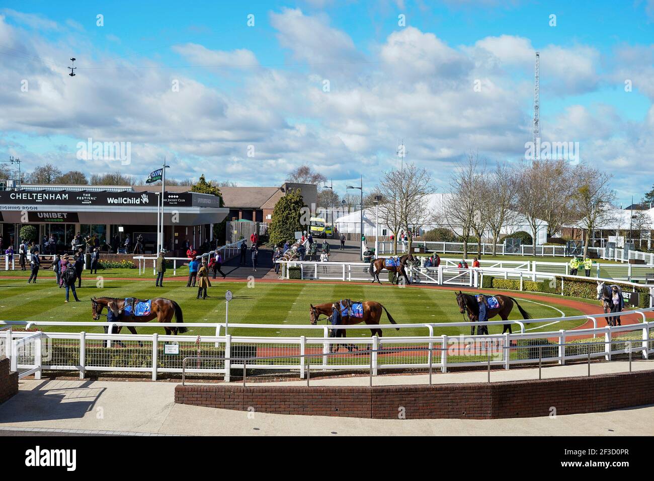 Cavalli nel ring della sfilata durante il primo giorno del Cheltenham Festival all'ippodromo di Cheltenham. Data immagine: Martedì 16 marzo 2021. Foto Stock