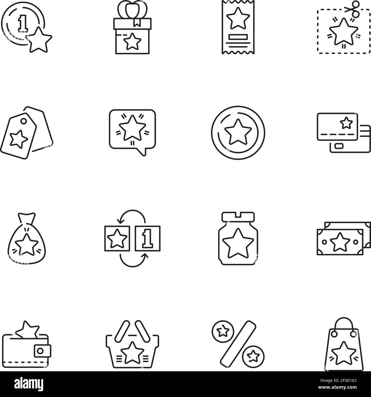 Icona bonus. Sconti biglietti vantaggi scambi programmi fedeltà pacchetti premio vettore linea sottile simboli Illustrazione Vettoriale