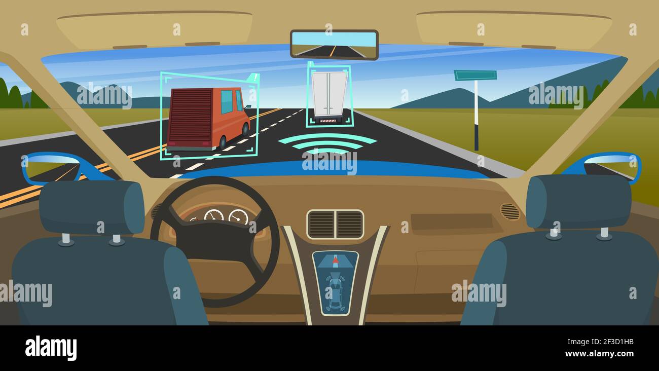 Auto autonoma. Sono dotati di una nuova tecnologia di computer intelligente per i sistemi di sensori di guida di sicurezza concetto di vettore visivo hud Illustrazione Vettoriale