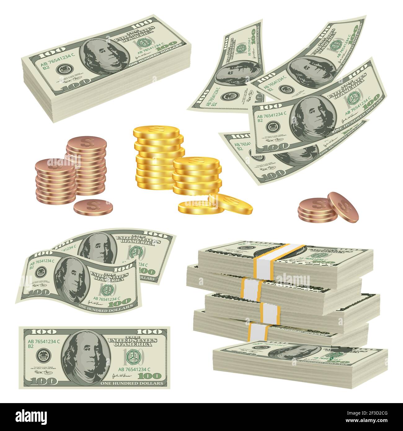 Soldi realistici. Investimenti contanti dollari banconote carta oro finanza prodotto vettore denaro immagini Illustrazione Vettoriale
