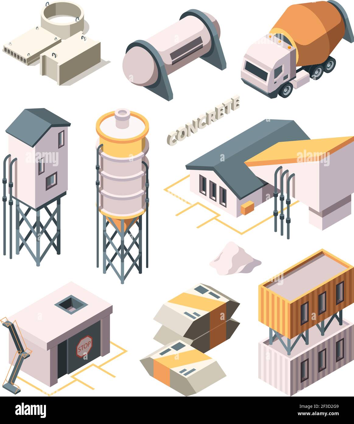 Produzione di calcestruzzo. Cementificio industria tecnologia dei materiali betoniera trasporto serbatoi vettore isometrico Illustrazione Vettoriale