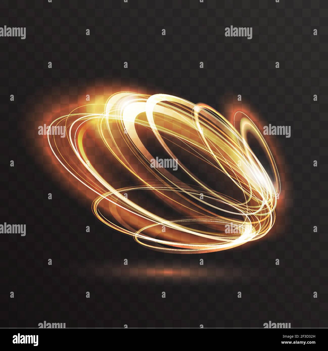 Luminoso bagliore in oro di anelli al neon, effetto luce 3d astratto, movimento magico e luminoso Illustrazione Vettoriale