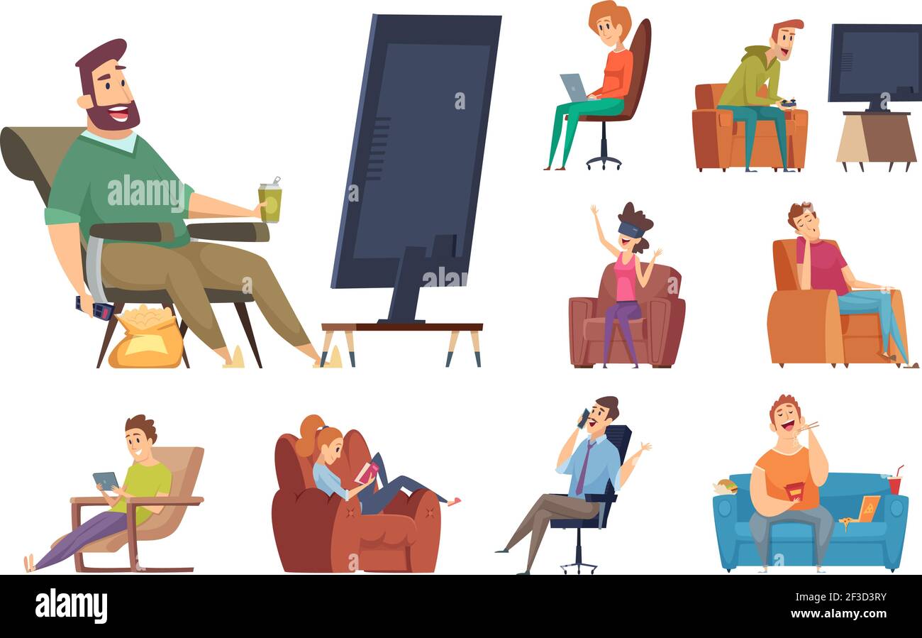 Caratteri sedentari. Stile di vita pigro persone sedute leggere chattando in smartphone guardando la tv malsana persona con dispositivi vettore Illustrazione Vettoriale