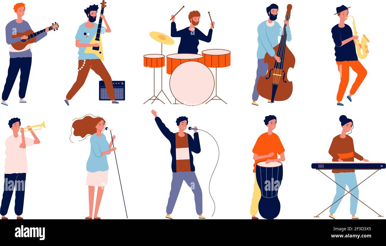 Musicisti personaggi. Popoli creativi che si esibiscono in diverse pose che suonano a strumenti musicali e cantano. Musicisti vettoriali Illustrazione Vettoriale