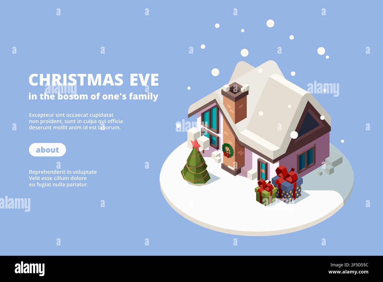 Casa della neve. Xmas costruzione con regali di vacanza verde decorazione albero vettore 3d banner isometrico per web template Illustrazione Vettoriale