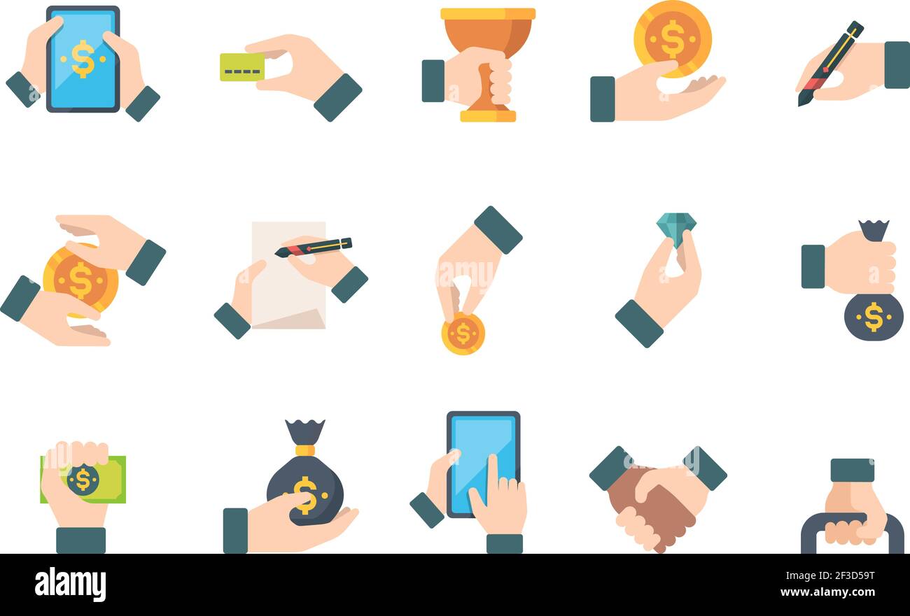 Mani che tengono. Business ITEMS denaro carta calcolatrice penna orologio bulbo valigetta contatti documenti simboli vettoriali piatti Illustrazione Vettoriale