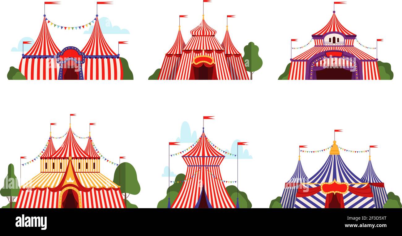 Tenda Circus. Carnevale circo baldacchino tenda diversi stili felice festa simboli vettore cartoon collezione Illustrazione Vettoriale