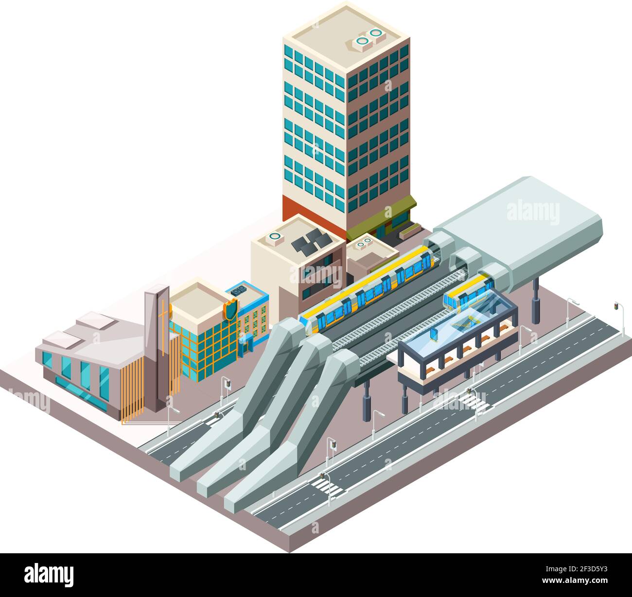 Stazione ferroviaria. Metro treno urbano trasporto pubblico in architettura città viadotto vettore edifici isometrici Illustrazione Vettoriale