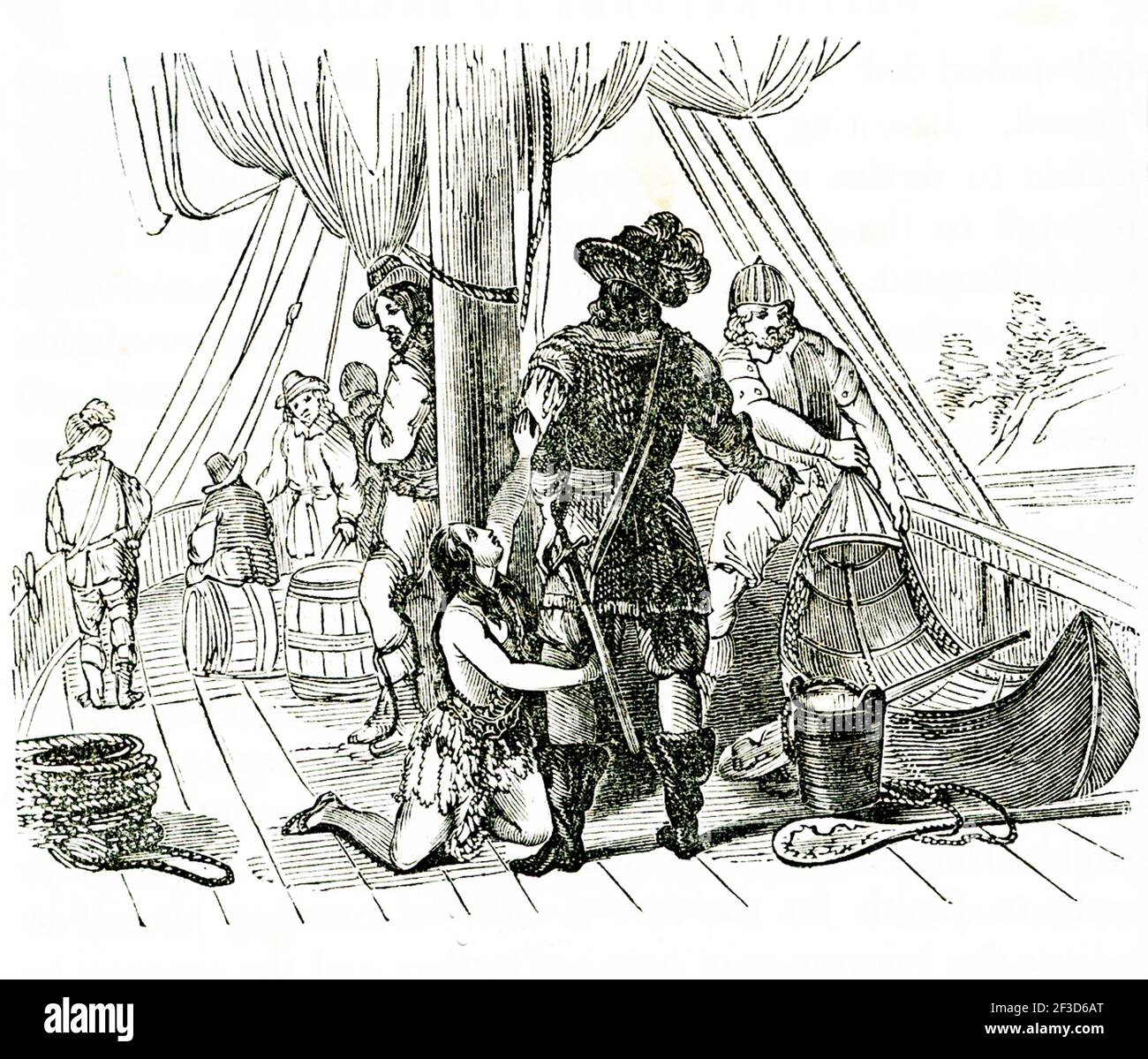 Il capitano inglese John Smith guidò i coloni attraverso tempi difficili nell'insediamento di Jamestown del 1607. La tradizione, non autenticata, dice che Pocahontas lo salvò dalla morte per mano dei nativi americani. Pocahontas è stato catturato (visto qui) e tenuto per riscatto dai coloni durante le ostilità nel 1613. Durante la sua prigionia, fu incoraggiata a convertirsi al cristianesimo e fu battezzata sotto il nome di Rebecca. Foto Stock