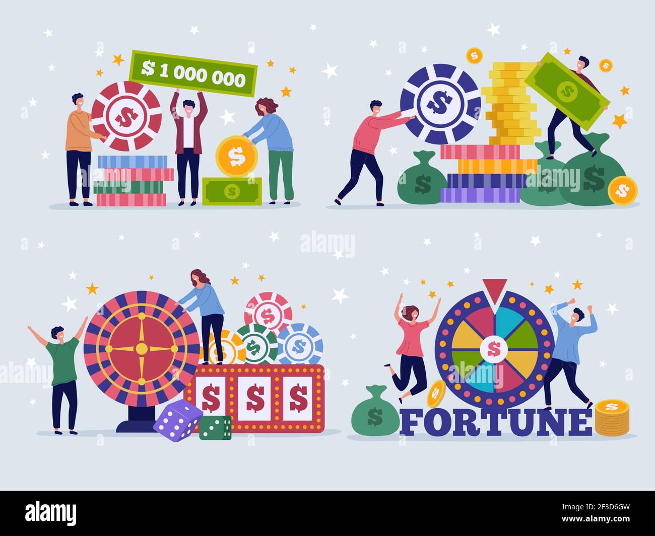 Concetto di lotteria del casinò. Personaggi fortunati giocatori bingo jackpot poker giocare gioco d'azzardo slot machine biglietto vittoria premio vettore piatto Illustrazione Vettoriale