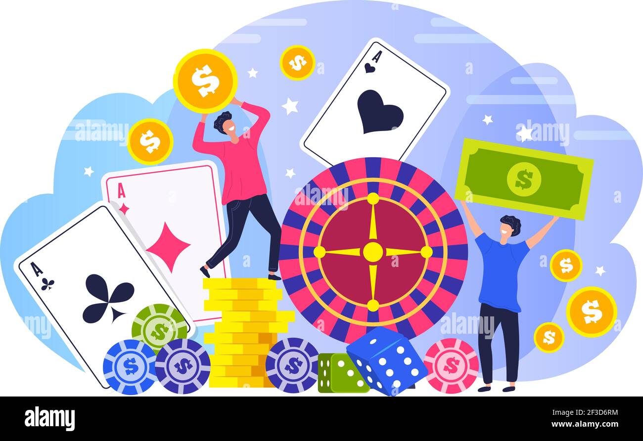 Persone vincitori di poker. Concept personaggi felici vincitori casinò gioco d'azzardo legale rischio stilizzato vettore piatto sfondo Illustrazione Vettoriale