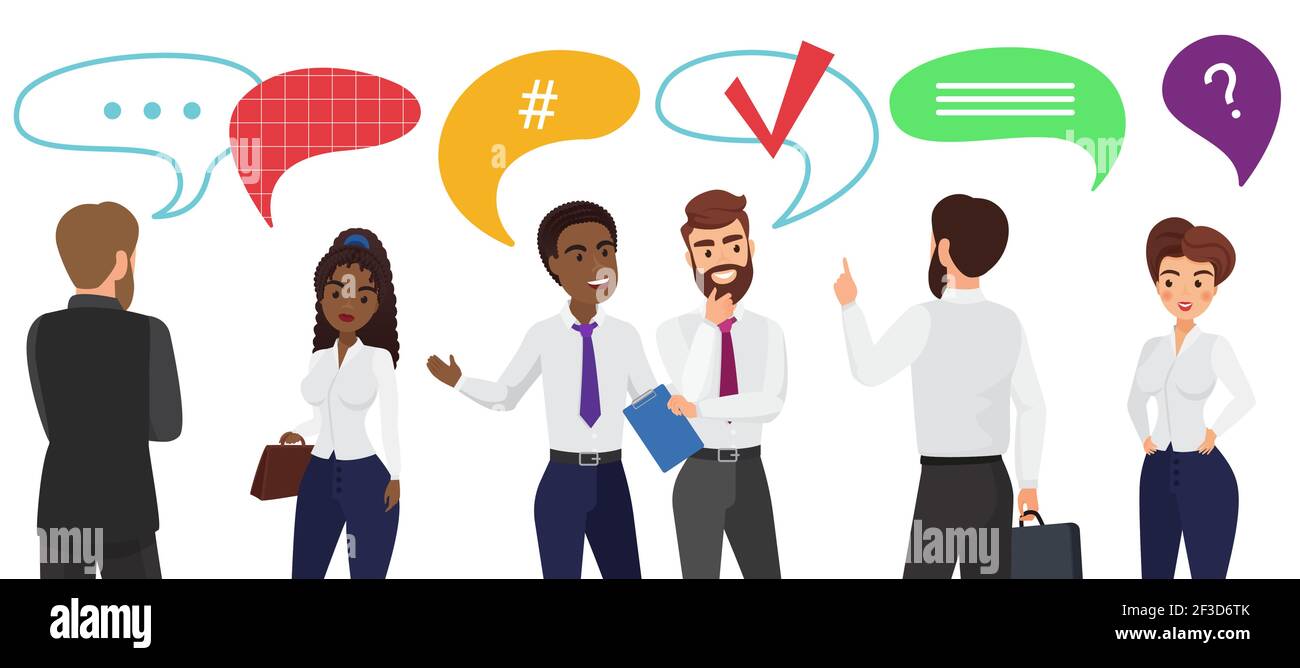 Le persone comunicano con la bolla di messaggi di chat sopra la testa, frizzante comunicazione vocale Illustrazione Vettoriale