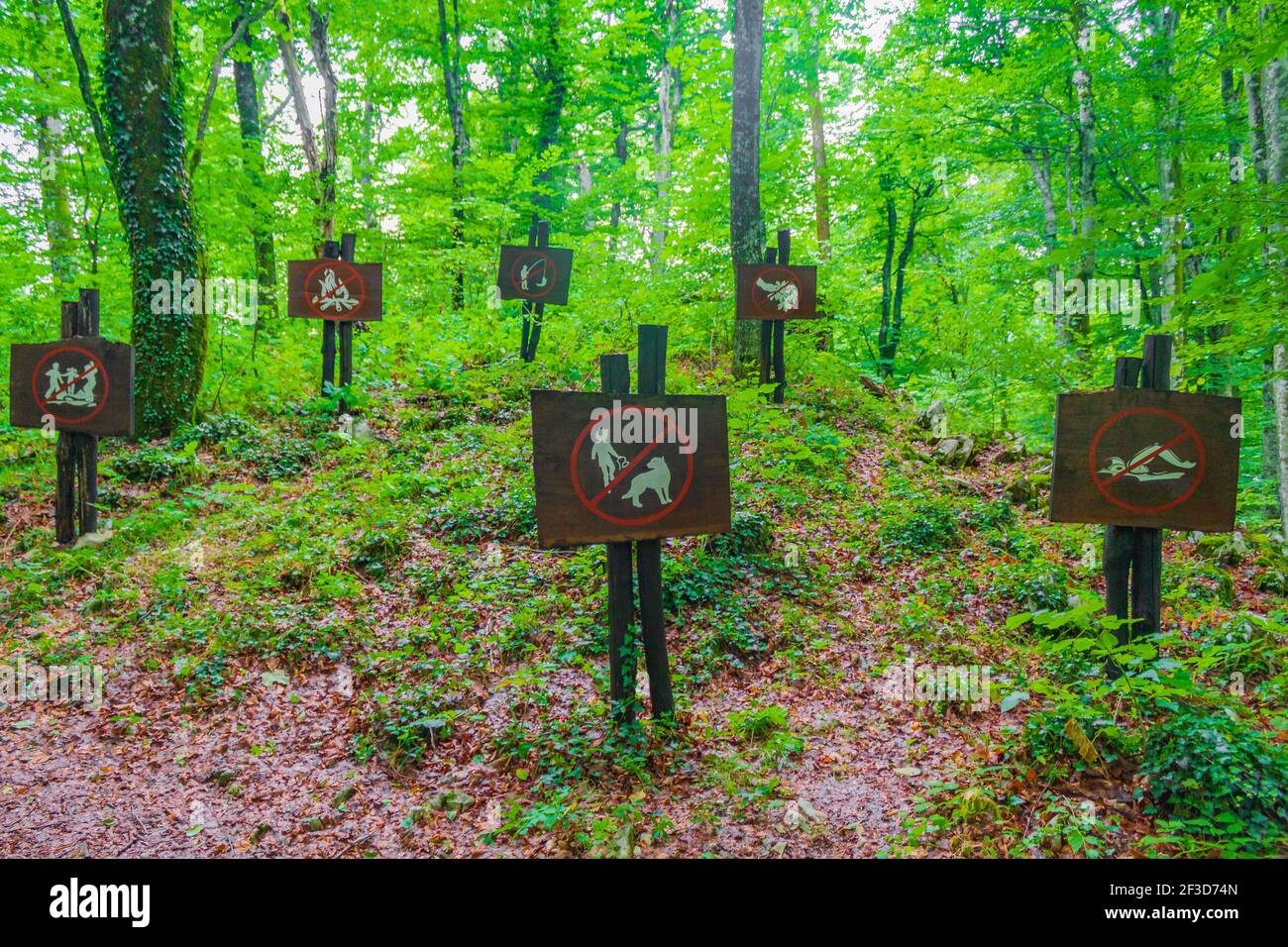 Cartelli di divieto nella foresta nel Parco Nazionale dei Laghi di Plitvice Croazia. Foto Stock