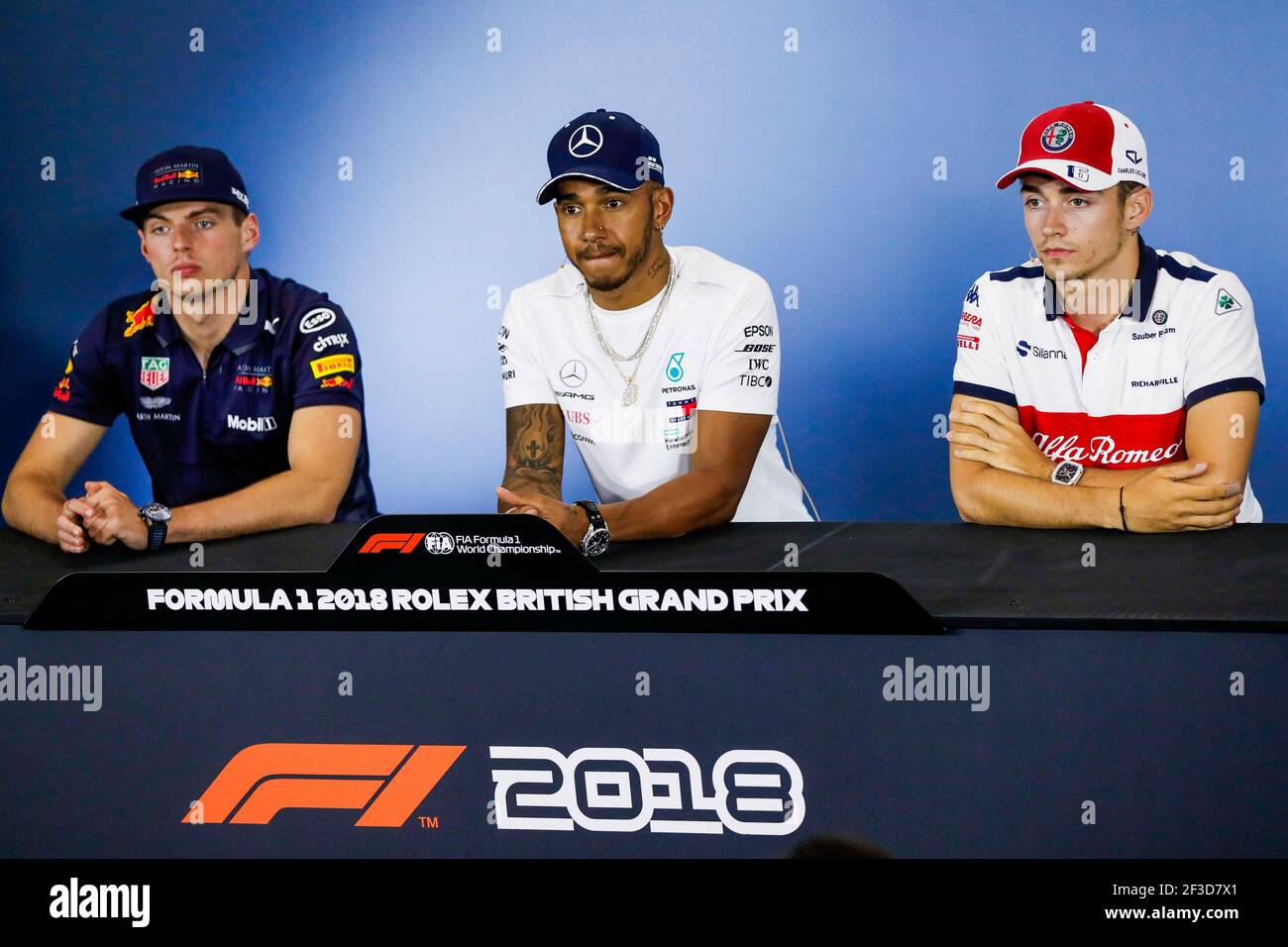 VERSTAPPEN Max (NED), Aston Martin Red Bull Racing Tag Heuer RB14, HAMILTON Lewis (gbr), Mercedes AMG F1 Petronas GP W09 Hybrid EQ Power+, LECLERC Charles (mco), Alfa Romeo Sauber F1 Team C37, conferenza stampa ritratto durante il Campionato del mondo di Formula uno 2018, Gran Premio d'Inghilterra dal 5 all'8 luglio, a Silverstone, Gran Bretagna - Foto Florent Gooden / DPPI Foto Stock