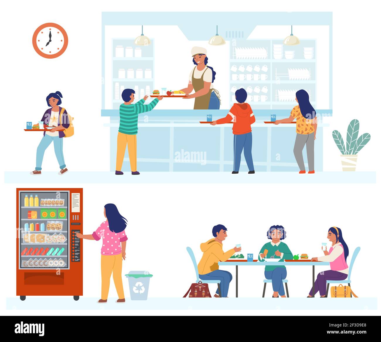 Mensa scolastica, caffetteria, set di scena di caffè, vettore piatto illustrazione isolata. Felici i bambini che pranzano. Illustrazione Vettoriale