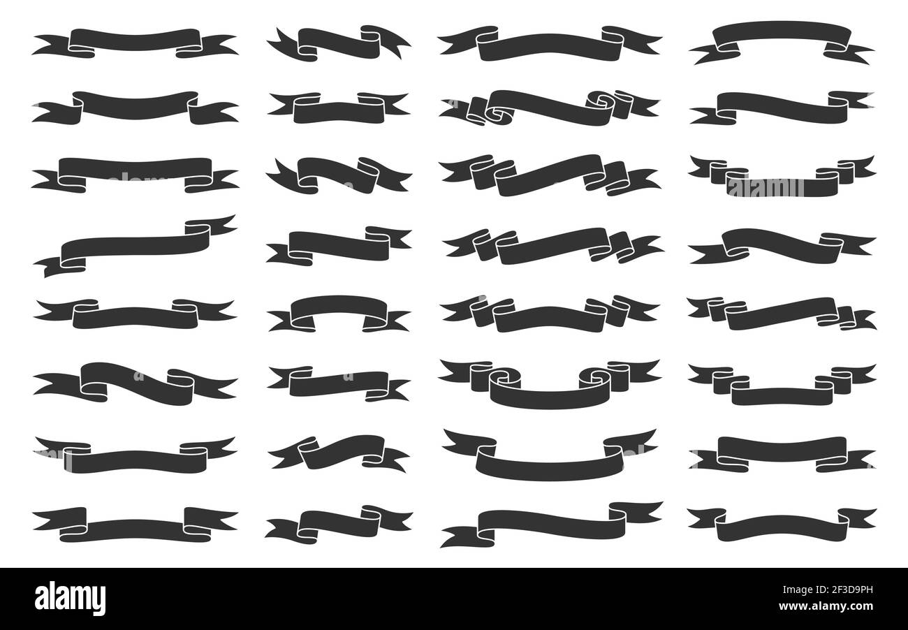 Set piatto nero nastro. Semplice collezione di nastri retrò. Modello di nastro vuoto grafico vintage. Elegante e moderna striscia vorticosa. Banner di intestazione vuoto arricciato, decorazione del titolo, badge, emblema della cornice di testo Illustrazione Vettoriale