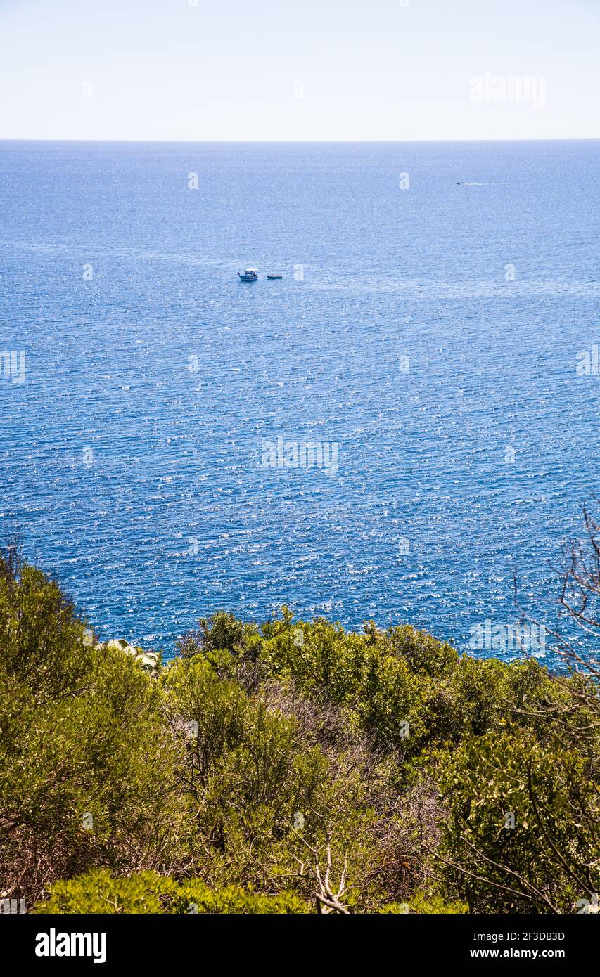 Sulla cima di una collina coperta di alberi che si affaccia sopra Al mare in Sardegna Foto Stock