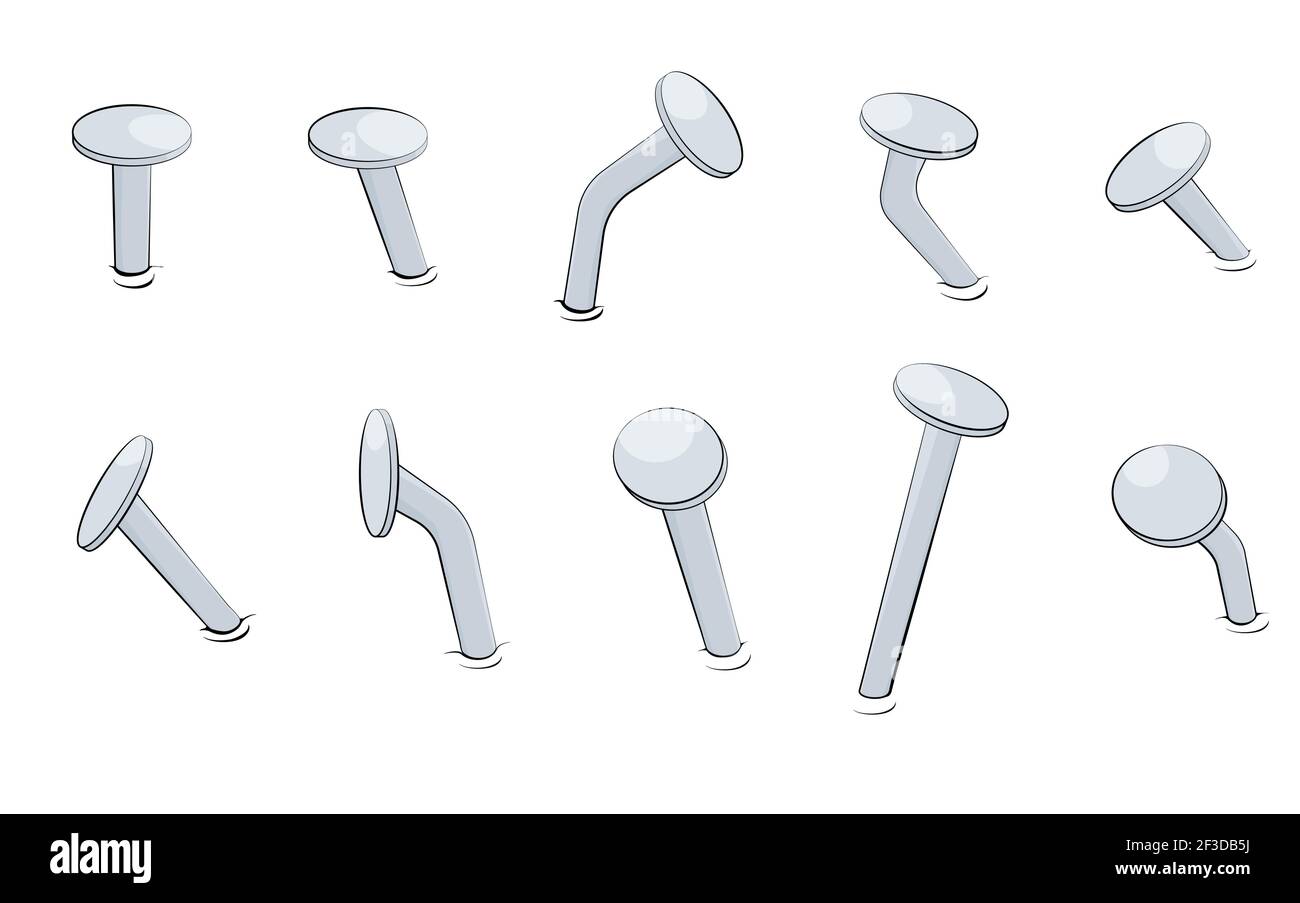 Chiodi in metallo vecchio in stile cartoon con contorno nero. Strumenti di impostazione isolati su sfondo bianco. Illustrazione vettoriale per la progettazione. Illustrazione Vettoriale