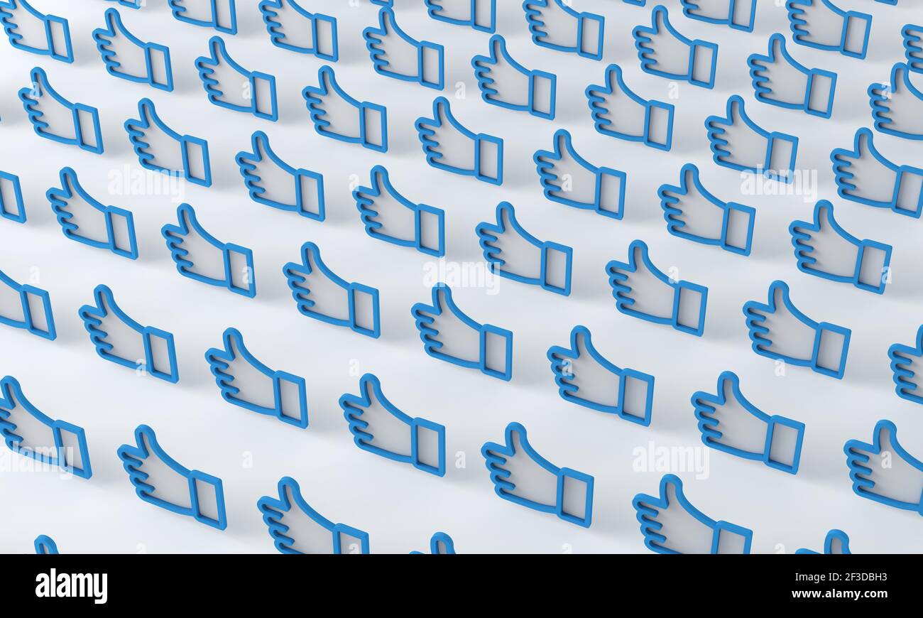 Il feedback sui social media viene commentato con un pollice in alto. Rendering 3D Foto Stock